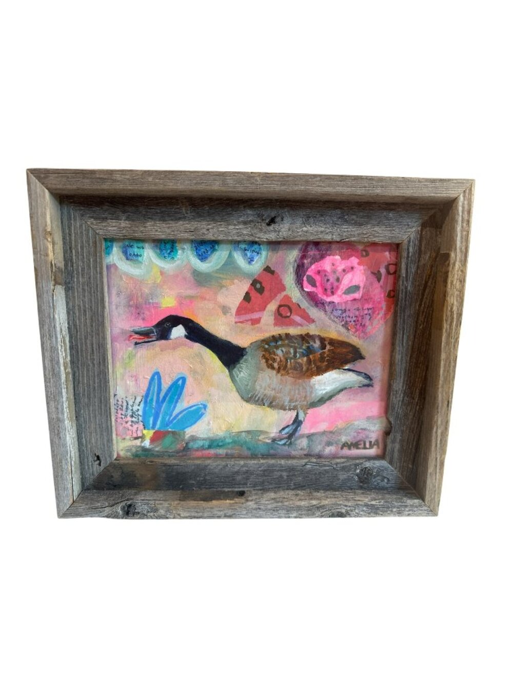 Goose Mixed Media Painting In Rustic Wooden Frame Signed Weird Colorful